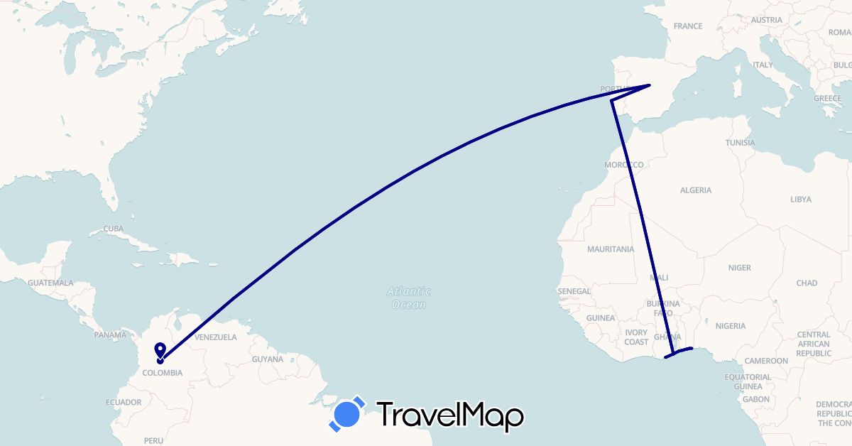 TravelMap itinerary: driving in Benin, Colombia, Spain, Ghana, Portugal, Togo (Africa, Europe, South America)
