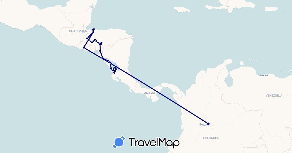 TravelMap itinerary: driving in Colombia, Costa Rica, Honduras, Nicaragua, El Salvador (North America, South America)